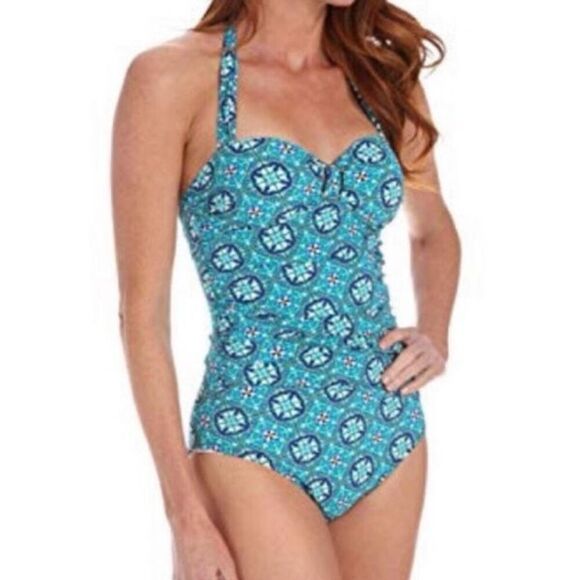 SPANX Assets FIESTA BLUE PATTERNED HALTER 1 PC BATHING SUIT SWIMSUIT XL - Picture 1 of 9